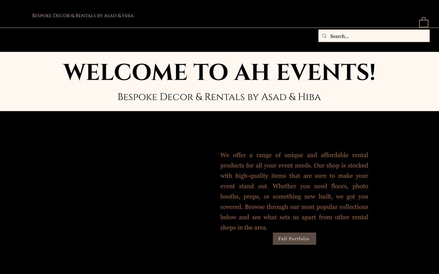 The AH Events homepage before the rebuild — a cream, cluttered template layout.
