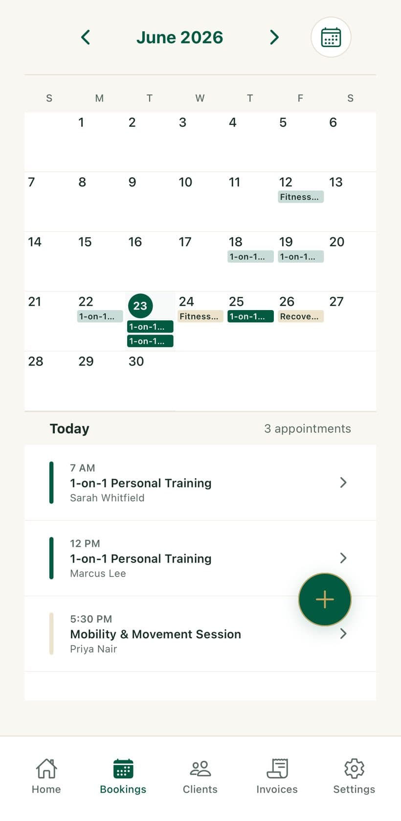 A month calendar in BenG with sessions dotted across the days and today's schedule below.