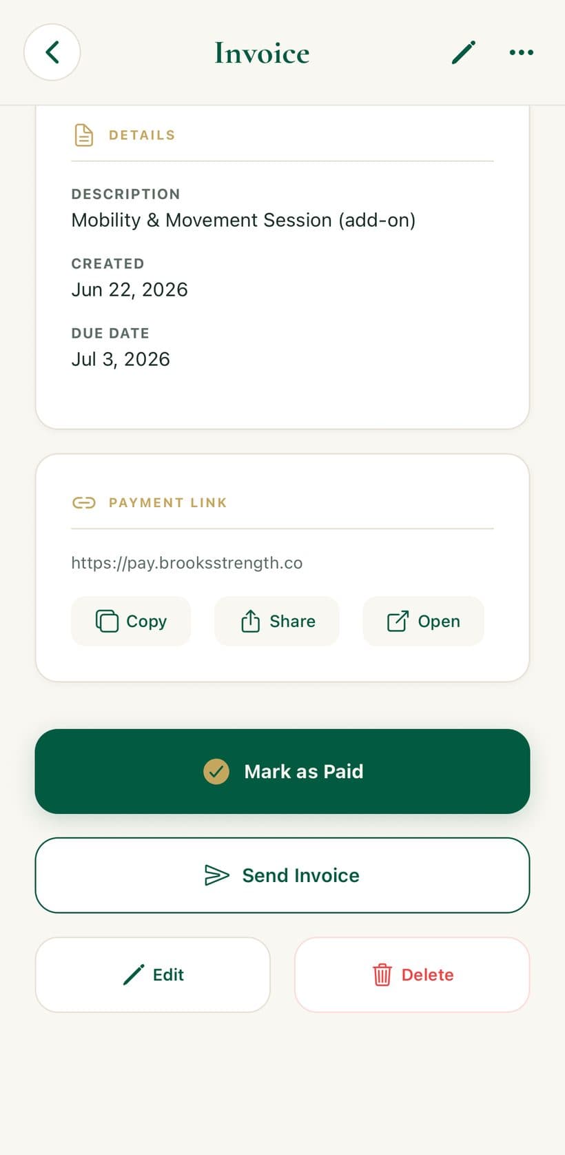 An invoice in BenG with a shareable payment link and mark-as-paid and send actions.