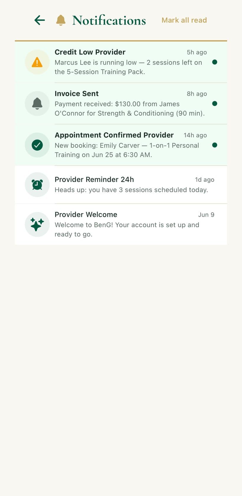 The BenG notifications feed with payment, booking and low-credit alerts.