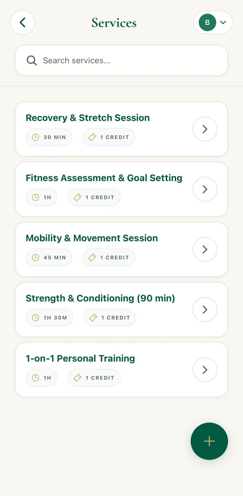 The BenG services list with durations and credit costs for each session type.