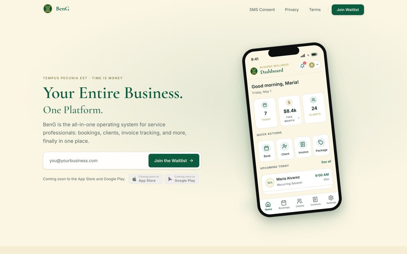 The BenG marketing website — a clean landing page for the booking app.