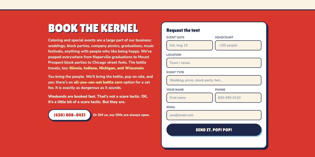 The new Book the Kernel section - a full catering request form that emails Jeff directly.