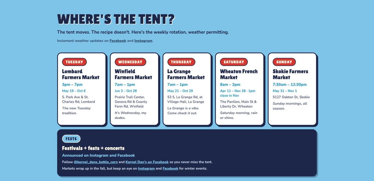 The new Where's the Tent section - five weekly market cards with days, hours and addresses.